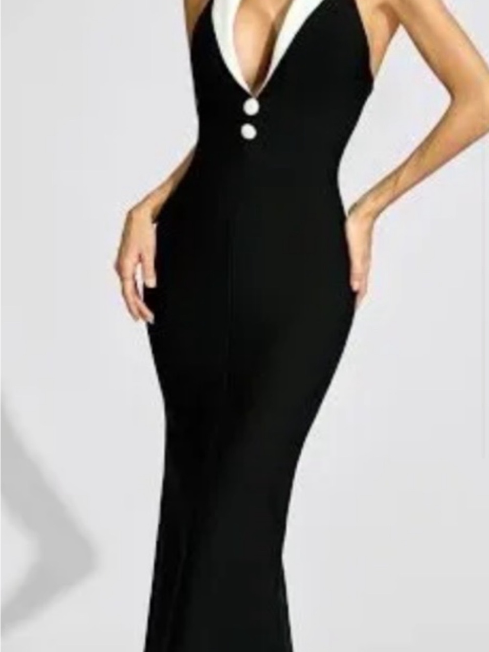 Backless Black Deep-V Maxi Dress with White Trim